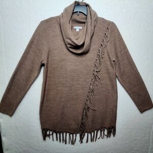 New York & Company Brown Asymmetric Fringe Cowl Neck Tunic Sweater Women's Sz Lg